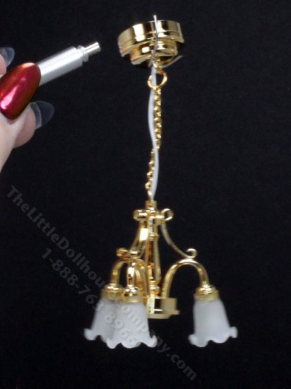 (image for) Miniature Battery Chandelier, 3-Light, Frosted Tulip, with Wand