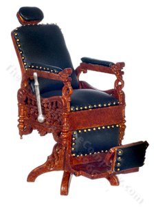 (image for) Dollhouse Walnut and Black Leather Old Fashioned Barber's Chair