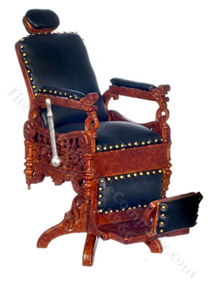 (image for) Dollhouse Walnut and Black Leather Old Fashioned Barber's Chair