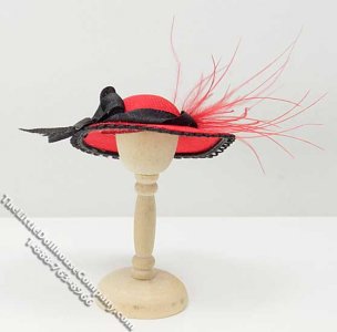 (image for) Miniature Red Ladies Hat w/Feather & Black Bow for Dollhouses