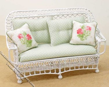 (image for) Miniature Metal White Settee w/Green Cushions for Dollhouses