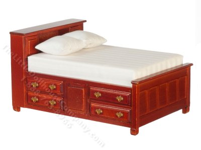 (image for) Miniature Double Bed with Drawers for Dollhouses - Mahogany