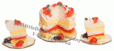 (image for) Miniature Strawberry Cake With 2 Dishes for Dollhouses