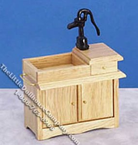 (image for) Miniature Old Time Oak Wet Sink with Pump for Dollhouses