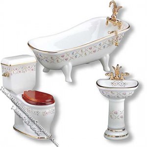 (image for) Miniature 3pc Bathroom w/Gold Crosshatch Pattern for Dollhouses