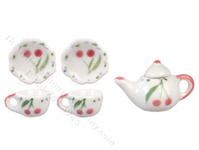 (image for) Miniature 6pc Cherry Ceramic Tea Set for Dollhouses