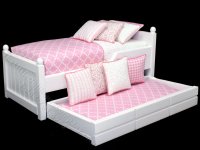 (image for) Miniature White Trundle Bed Dressed in Black and White Stripe