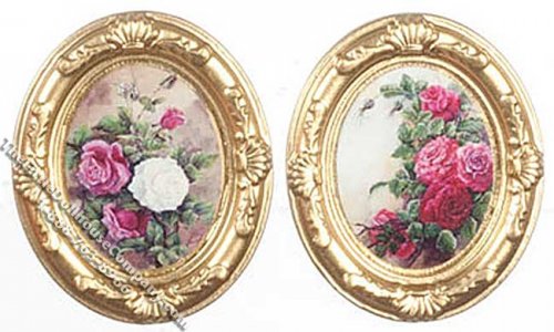 (image for) Miniature Gold Oval Frames of Painted Flowers for Dollhouses 2pk