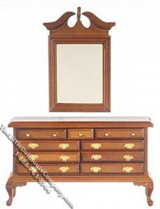 (image for) Miniature Walnut Dresser w/Mirror for Dollhouses