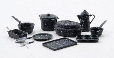 (image for) Miniature Cookware Set Black Spatterware For Dollhouse