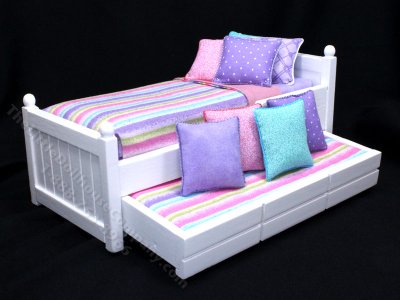(image for) Miniature White Trundle Bed Dressed in Stripe Bedding
