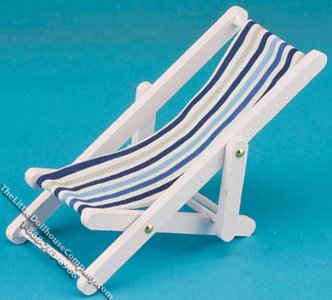 (image for) Miniature White Beach Chair w/Blue & White Fabric for Dollhouses