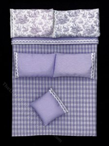 (image for) Miniature Puple Gingham and Toile Bedding for Dollhouses