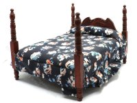 (image for) AS IS Miniature Four Post Bed, Mahogany w/ Blue Floral Bedding
