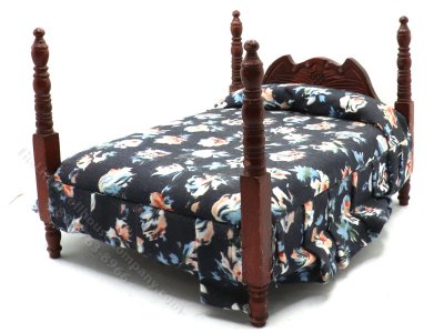 (image for) AS IS Miniature Four Post Bed, Mahogany w/ Blue Floral Bedding