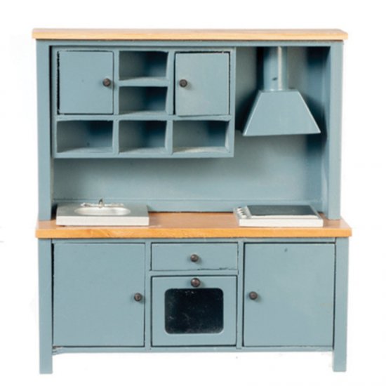 (image for) Miniature Blue/Oak Sink Stove and Cabinet For Dollhouses