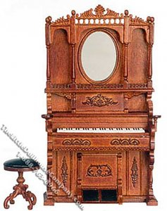 (image for) Miniature Walnut High Back Pump Organ with Stool for Dollhouses