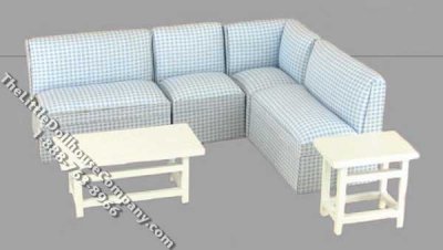 (image for) Miniature White Living Room Set with Blue Fabric for Dollhouses