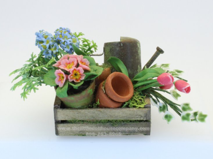 (image for) Miniature Flowers in Crate with Watering Can