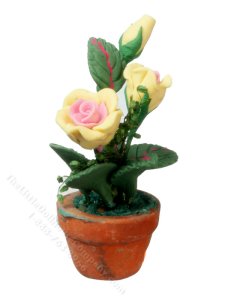 (image for) Miniature Pink/Yellow Roses in Pot for Dollhouses