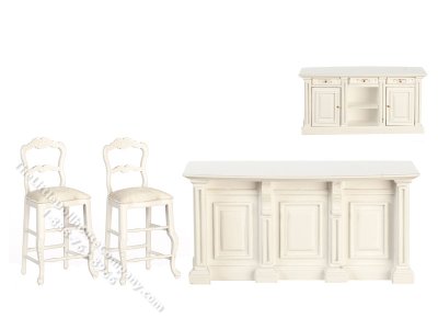 (image for) Miniature White Kitchen Island with Stools for Dollhouses