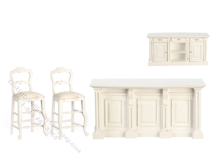 (image for) Miniature White Kitchen Island with Stools for Dollhouses