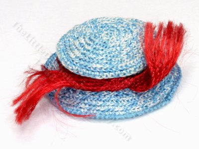 (image for) Miniature Handmade Blue Boater Hat with Red Ribbon