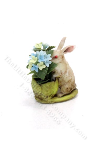 (image for) Miniature Rabbit with Lettuce and Hydrangeas Figurine