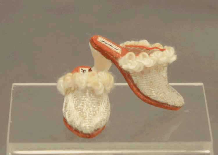 (image for) Miniature White and Orange Pointed Slippers by Judith Blondell