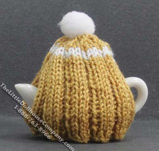 (image for) Dollhouse Scale Model White Teapot with Ochre Tea Cozy