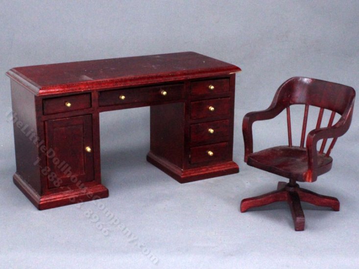 (image for) As Is Miniature Mahogany Desk and Chair for Dollhouses