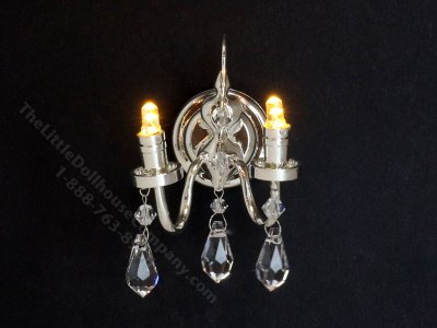 (image for) Miniature Two Arm Battery Operated Brass Crystal Sconce with Magic Wand - Silver