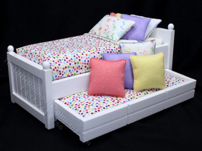 (image for) Miniature White Trundle Bed Dressed in Rainbow Dot Bedding