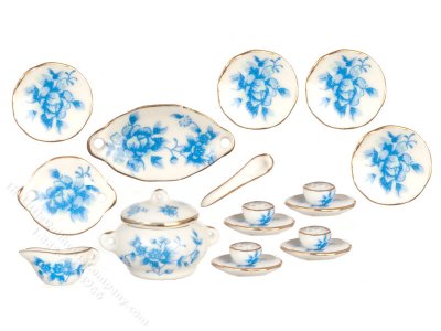 (image for) Miniature Blue Floral Porcelain Table Set for Dollhouses (18pc)