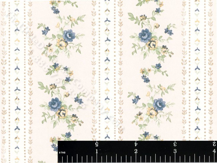 (image for) Blue and Yellow Floral Stripe Miniature Wallpaper for Dollhouses