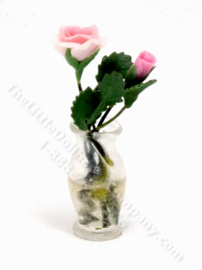(image for) Miniature Vase of Pink Roses for Dollhouses