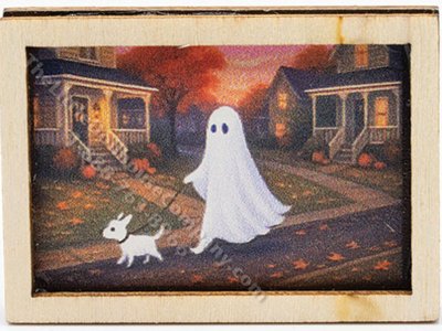 (image for) Miniature Halloween Picture In Frame for Dollhouses - Ghost Walking Dog
