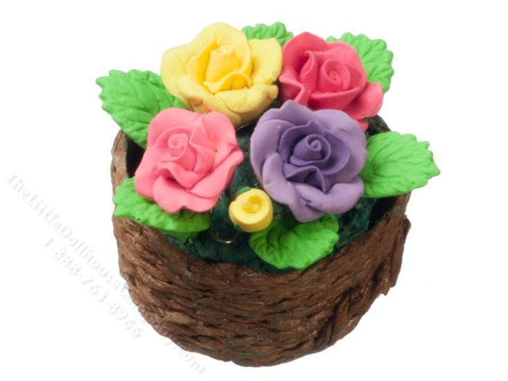 (image for) Miniature Pastel Roses in Basket for Dollhouses