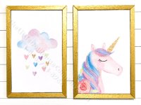 (image for) Miniature Pair Rectangular Framed Unicorn and Cloud on Wood