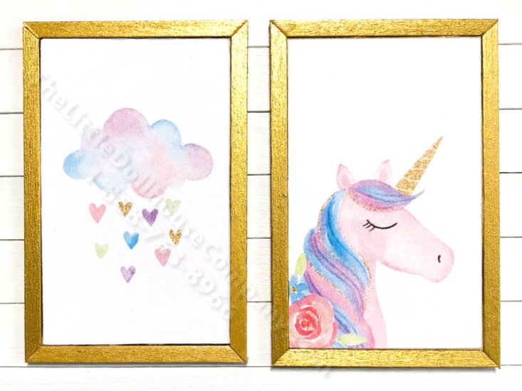 (image for) Miniature Pair Rectangular Framed Unicorn and Cloud on Wood
