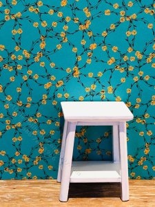 (image for) Dollhouse Scale Model Wallpaper -Teal + Yellow Flowers- 3pc Set