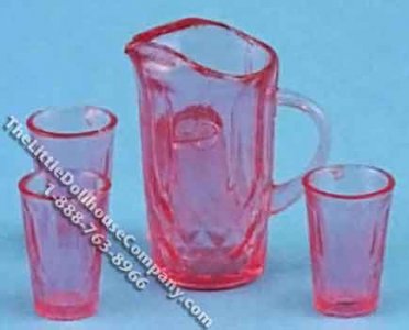 (image for) Dollhouse Scale Model Pink Pitcher with four Glasses