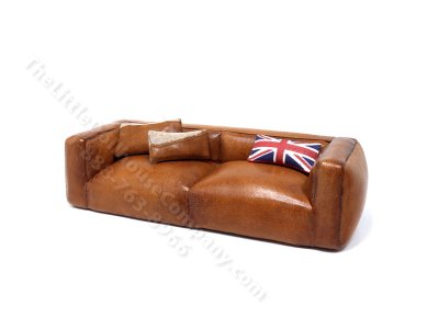 (image for) Miniature Modern Chunky Carmel Leather Sofa with Pillows by PRD Miniatures