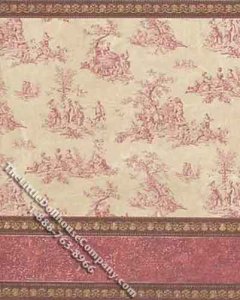 (image for) Miniature 3 pc. Pink Toile Wallpaper w/ Gold Patterned Trim Set