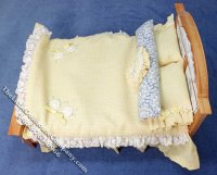 (image for) Miniature Oak Bed with Yellow Gingham Bedding for Dollhouses