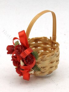 (image for) Miniature Round Basket with Red Rose and Ribbons
