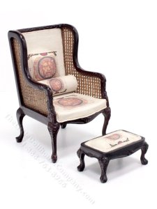 (image for) Miniature Caned Leather Chair with Pillow and Stool by Pat Tyler
