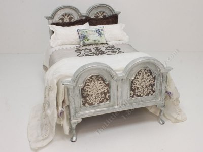 (image for) Miniature Silver Bed with Brown, White, and Beige Bedding
