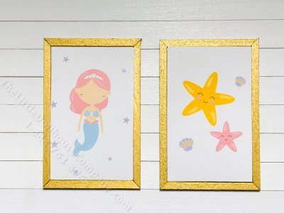 (image for) Miniature Pair Framed Mermaid and Starfish Board Prints