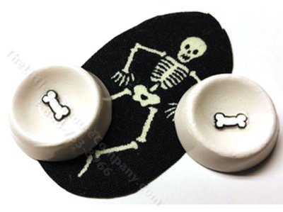 (image for) Miniature Halloween Skeleton Dog Bowls & Mat For Dollhouses